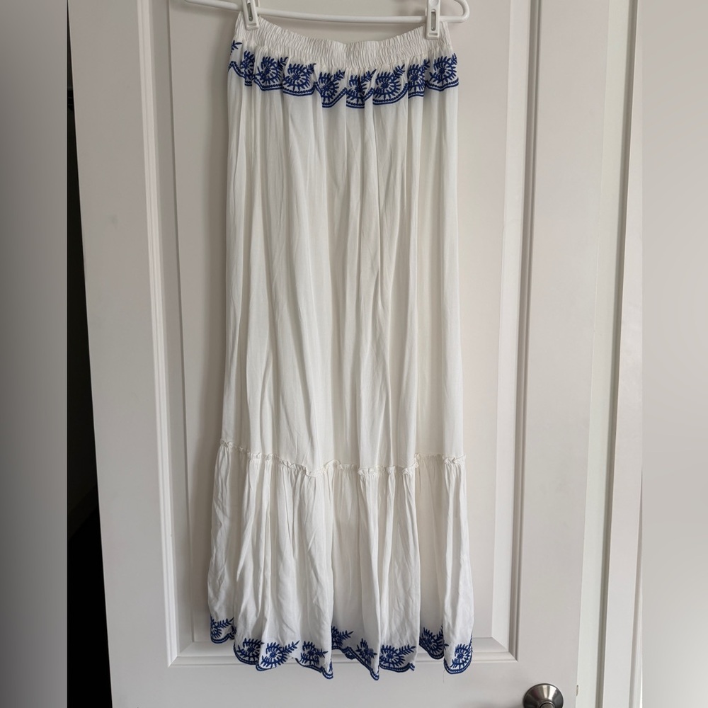 White Maxi Skirt with Blue Embroidered Trim